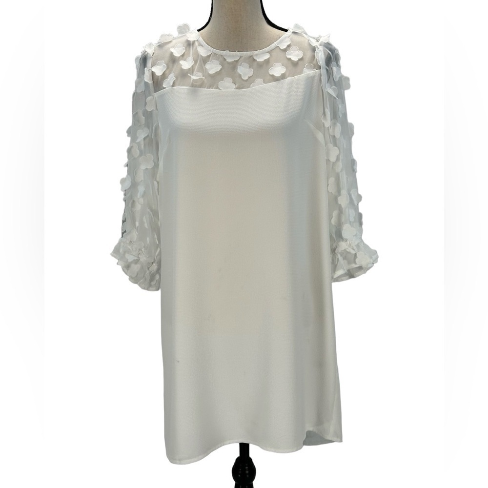 CeCe 3/4 Sheer 3D Flower Sleeve Mini Dress - Ivory - size Medium